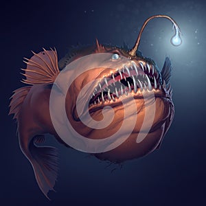 Angler fish on background of dark blue water realistic illustration.