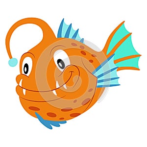 Angler fish flat style illustration. Happy smiling face. Cheerful mascot and character for children. Cute orange wildlife underwat