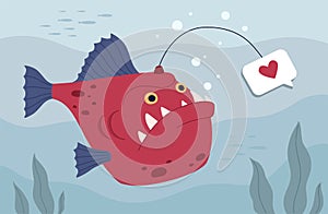 Angler fish with heart-shaped bait. The concept of click byte and cheat likes. Addiction to social approval