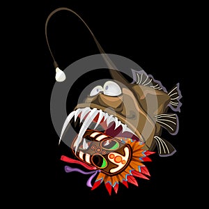 Angler fish with indian mask on a black background