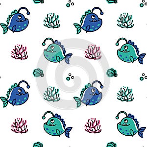 Angler fish with a lantern on its head, children\'s print. Summer collection.