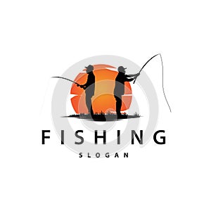 Angler Fishing Logo, Simple Outdoor Fishing Man Silhouette Template Design