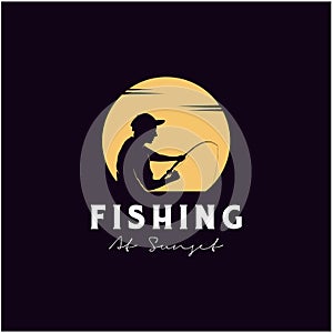 Angler Fishing Silhouette logo design at Sunset