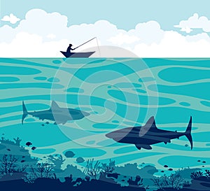 Angler and sharks on a sea.