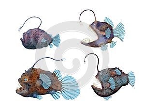 Anglerfish watercolor illustration isolated on white. Creepy deep water fishes. Ugly sea creatures. Underwater sea life