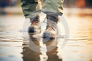 anglers boots stepping into rippling water