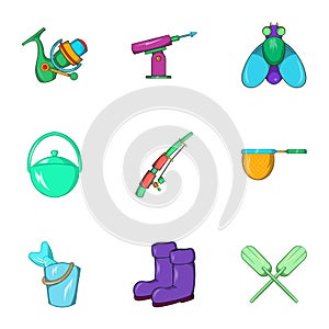 Angling icons set, cartoon style