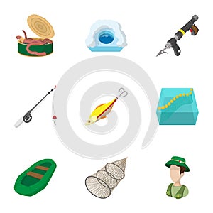 Angling icons set, cartoon style