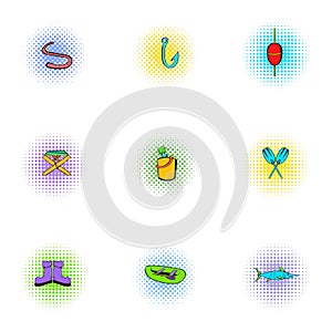 Angling icons set, pop-art style