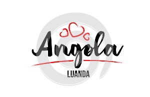 Angola country with red love heart and its capital LUANDA creative typography logo design