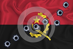 Angola flag Close-up shot on waving background texture with bullet holes. The concept of design solutions. 3d rendering