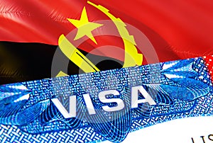 Angola Visa. Travel to Angola focusing on word VISA, 3D rendering. Angola immigrate concept with visa in passport. Angola tourism