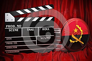 Angolan cinematography, film industry, cinema in Angola. Clapperboard with and film reels on the red fabric, 3D rendering