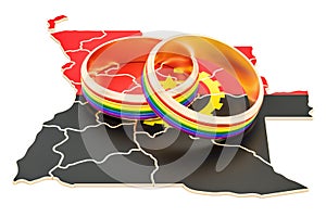 Angolan map with LGBT rainbow rings, 3D rendering