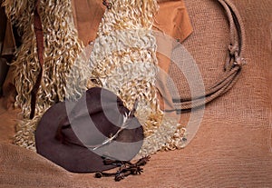 Angora chaps, hat, lariat and spurs