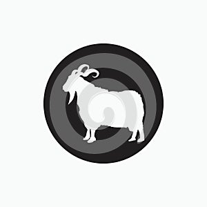 Angora goat isolated on black circle - goat, sheep, lamb logo emblem or button icon silhouette - mammal, animal vector icon