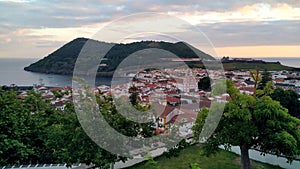 Angra do Heroismo, view at sunset, with Mount Brazil in the background, Terceira, Azores, Portugal