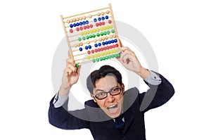The angry accountant with abacus isolated on white