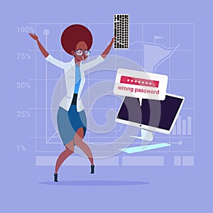 Angry African American Business Woman Inputting Wrong Password Using Computer Problem With Access Concept