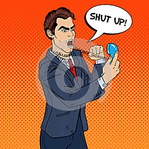 Angry Aggressive Business Man Screaming in Phone. Pop Art