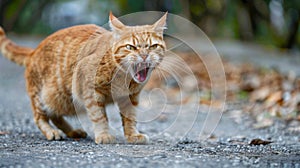 angry aggressive cat on the city street dangerous and may be infected. Rabies concept photo