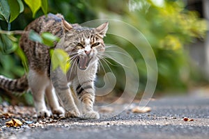 angry aggressive cat on the city street dangerous and may be infected. Rabies concept photo