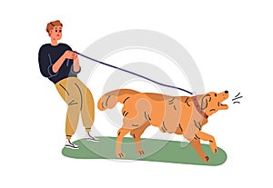 Angry aggressive dog barking. Pet owner keeping leash with disobedient evil growling doggy in aggression. Bad wrong