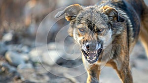 angry aggressive dog on the city street dangerous and may be infected. Rabies concept photo
