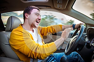 Angry aggressive driver beep and shouts in the car photo