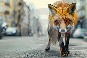 angry aggressive fox on the city street dangerous and may be infected. Rabies concept photo