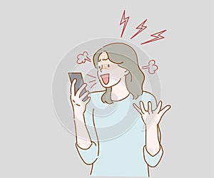 Angry aggressive woman nervously screaming looking with hatred at mobile phone screen. Hand drawn