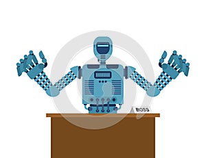 Angry AI robot sitting at desk. Symbol of artificial intelligence, stress, workplace pressure, and future technology. Perfect for