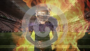Angry american football of player with fire behind him