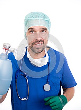 Angry anesthetist with resuscitation bag