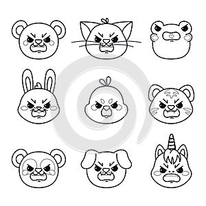 Angry animals. Pet head in kawaii cartoon style. Hand drawn animals doodle line art. Set of vector illustrations isolated on white