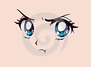 Angry anime face. Manga style big blue eyes, little nose and kawaii mouth