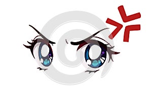 Angry anime style big blue eyes, funny anime red symbol