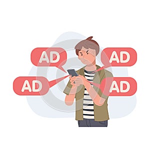 Angry and annoying man with ads notifications from smartphone app, internet ad , spam. Vector illustration