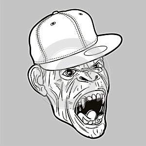 Angry ape with baseball cap - editable vector graphic