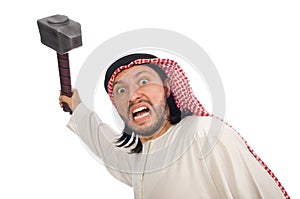 Angry arab man with hammer isolated on white