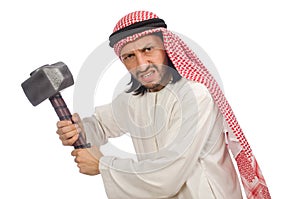 Angry arab man with hammer isolated on white