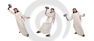 The angry arab man with hammer isolated on white