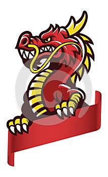 Angry asian dragon grip the blank banner