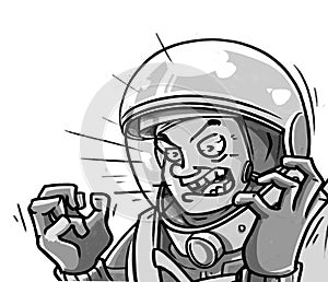 Angry astronaut landing down comics style fly