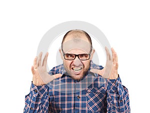 Angry bald man in glasses.