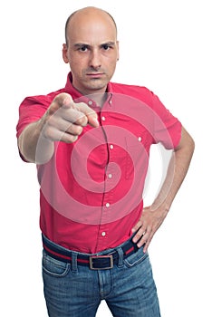 Angry bald man pointing finger at you. Isolated