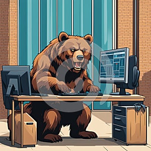 Angry bear doing trading on the computer, Representing crypto divergence in market of bitcoin