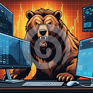 Angry bear doing trading on the computer, Representing crypto divergence in market of bitcoin