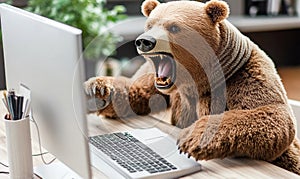 Angry Bear Working on Computer