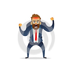 Angry bearded businessman in a rage. The manager is mad and angry. Cartoon flat character design.